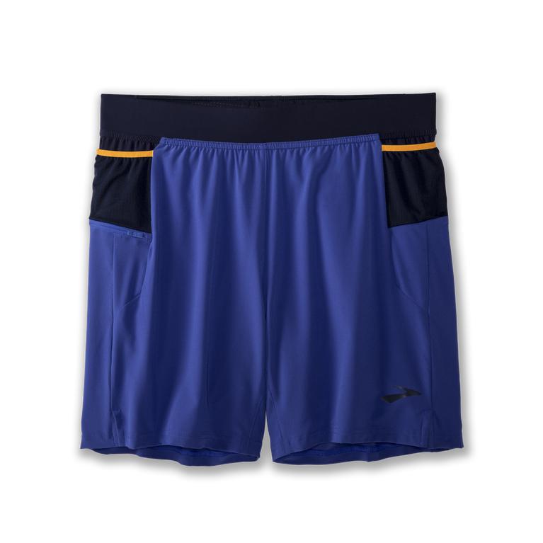 Brooks Sherpa 7 2-in-1 Running Shorts - Men's - Amparo Blue/Navy/Fluoro Orange (56138-XNWA)